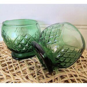 SET/2 Green Aperitif Glasses, Hand Blown Diamond Point Pattern, 2.5oz., EUC